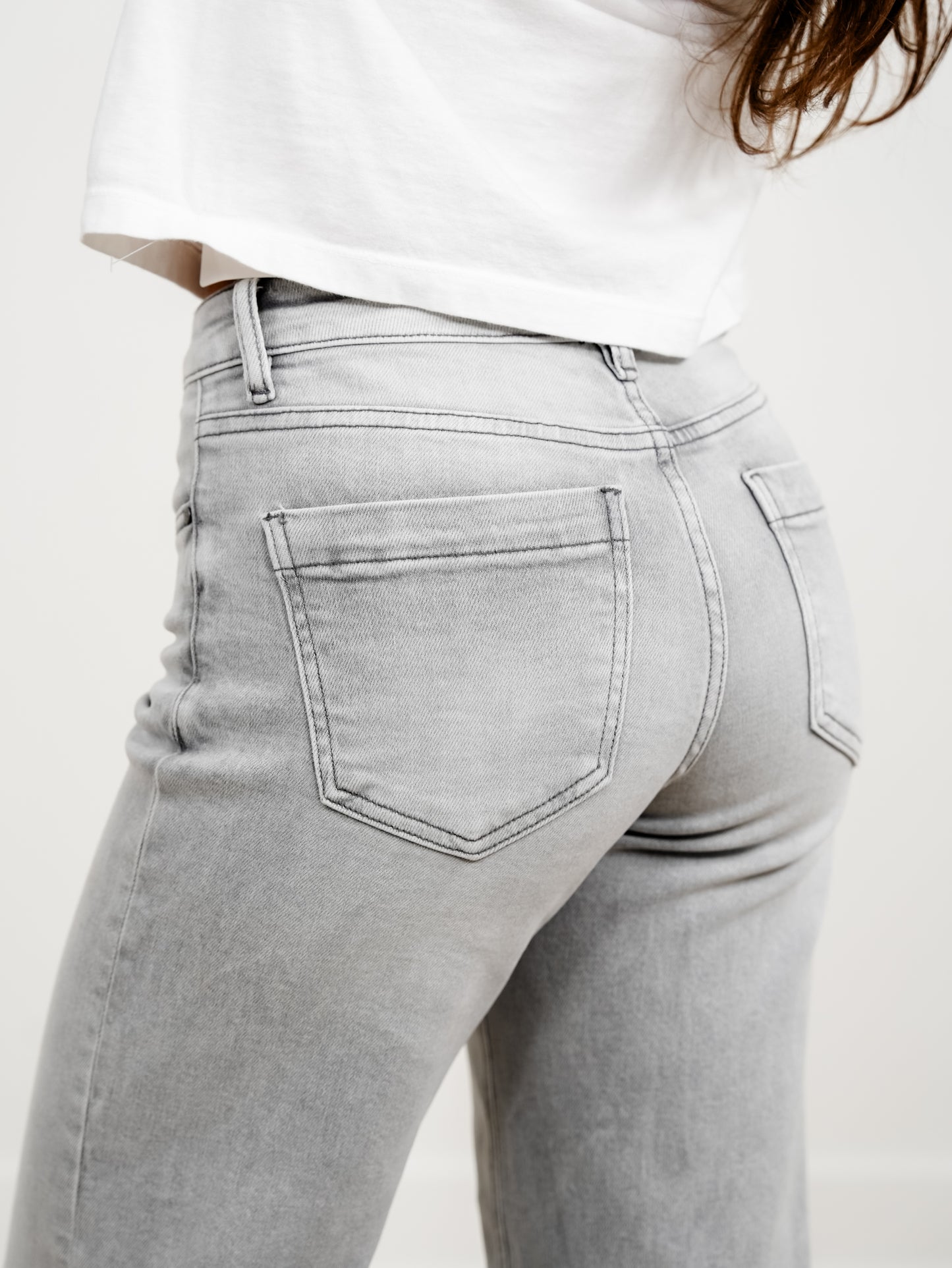Risen The Wild Card Mid Rise Grey Tummy Control Wide Leg Front Pintuck Jeans