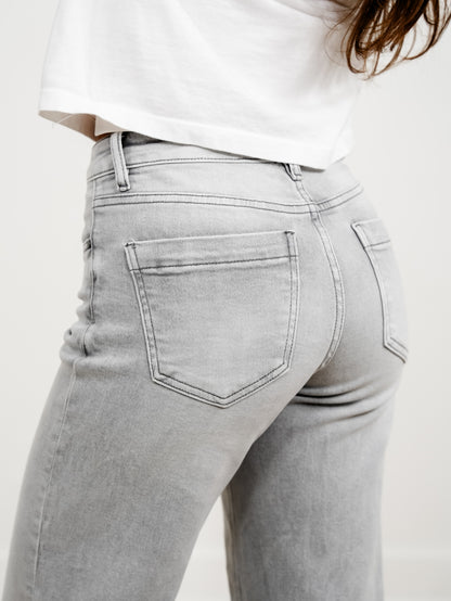 Risen The Wild Card Mid Rise Grey Tummy Control Wide Leg Front Pintuck Jeans