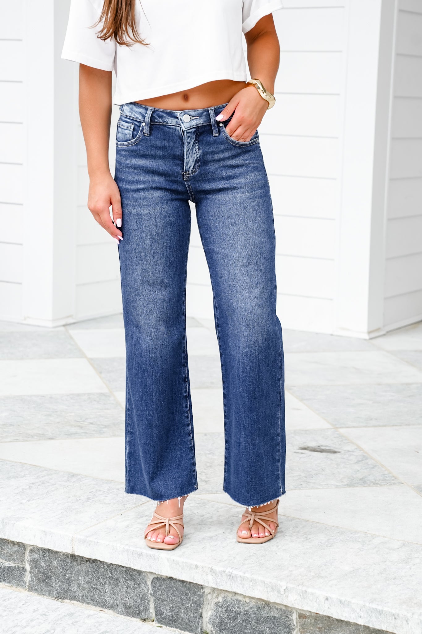 Risen High Rise Dark Wash Tummy Control Cropped Adjustable Waistband Wide Leg Jeans