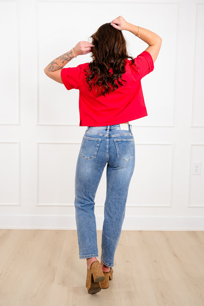 Saige Mid Rise Medium Wash Slim Boyfriend Jeans with Star Print