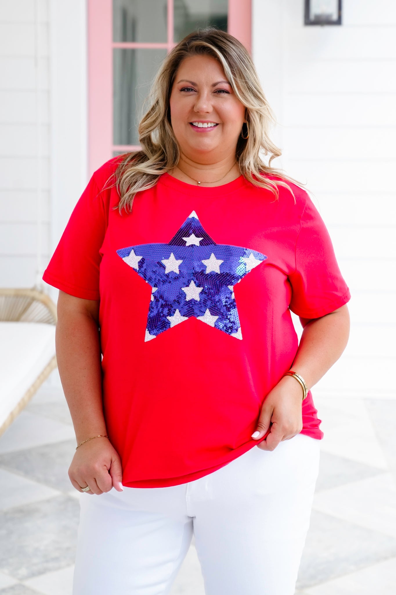Plus/Reg Red Short Sleeve Top with Sequin Star Detail