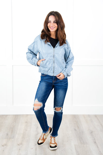 Poppy Day! Vegan Leather Long Sleeve Zip Up Hooded Jacket
