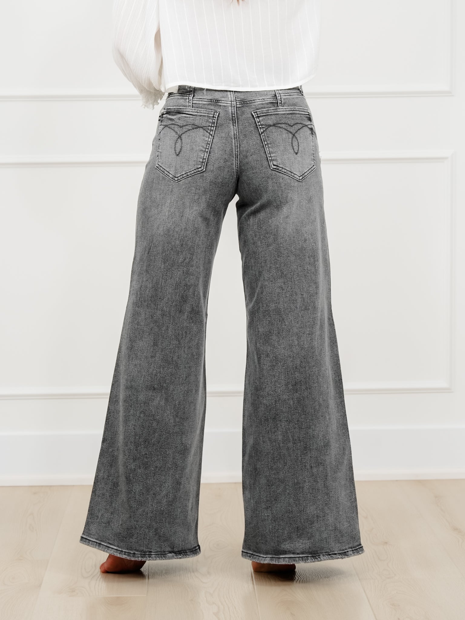 Judy Blue Stormy Days Mid Rise Gray Palazzo Jeans with Split Back