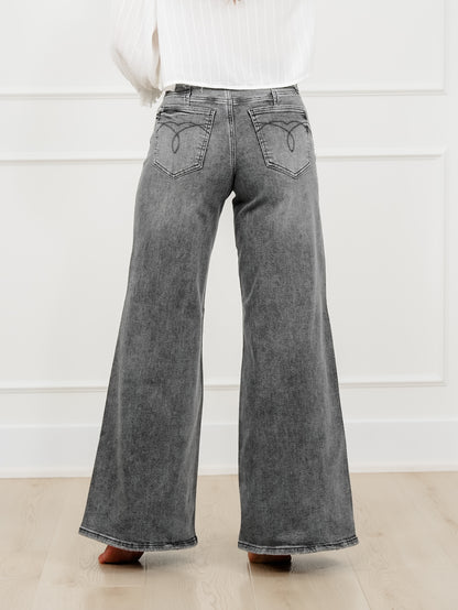 Judy Blue Stormy Days Mid Rise Gray Palazzo Jeans with Split Back Yokes