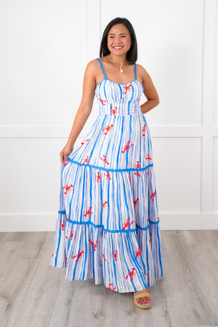 Stripe Lobster Print Sleeveless Tiered Maxi Dress