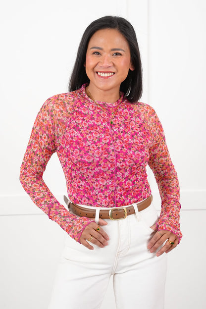 Restock! Plus/Reg Floral Mesh Long Sleeve Mock Neck Top