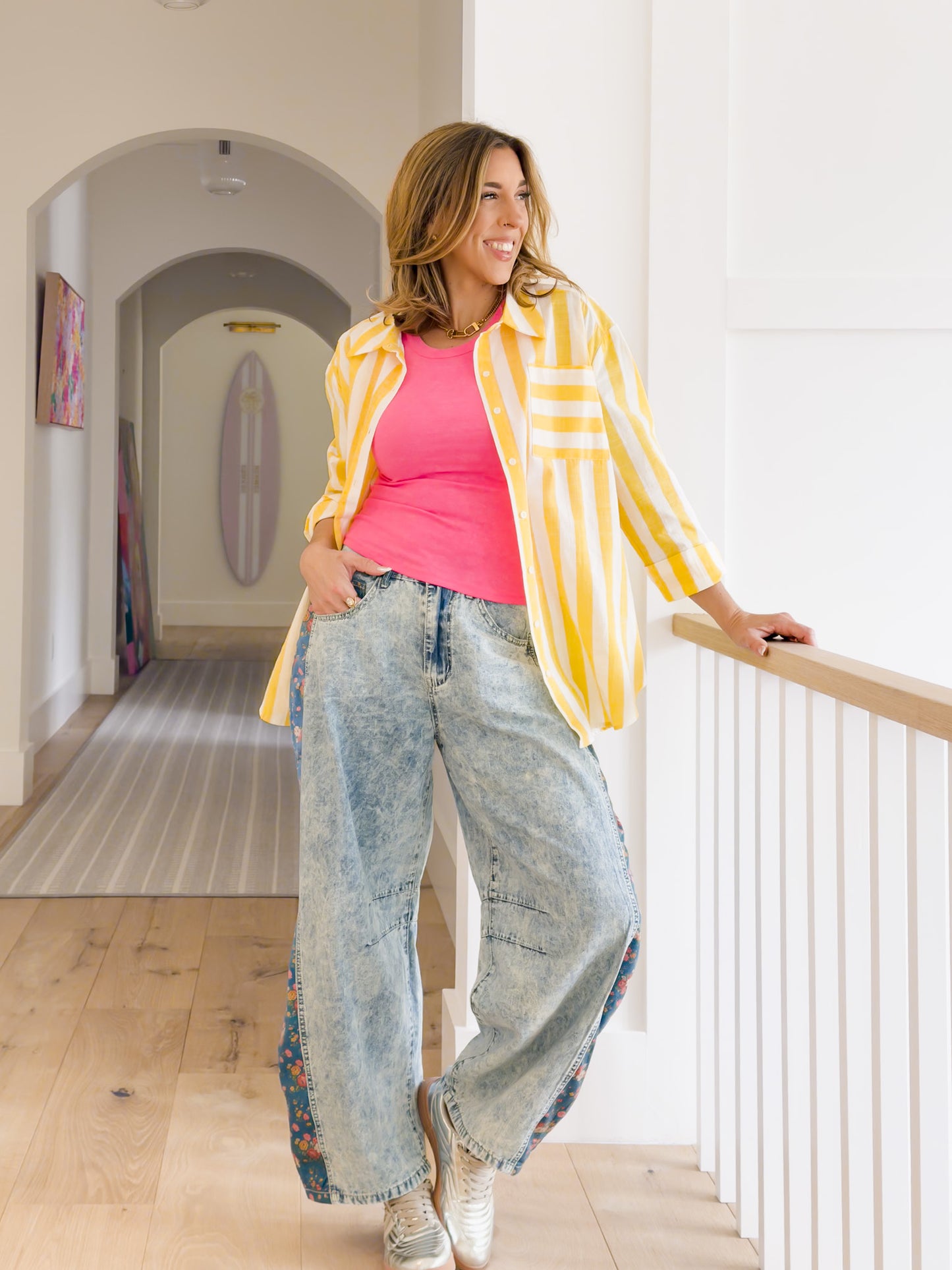 POL Light Wash Barrel Pants with Floral Contrast