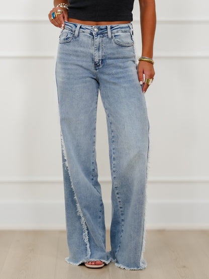 Judy Blue High Rise Light Wash Retro Wide Leg Jeans With Raw Twisted Outseam
