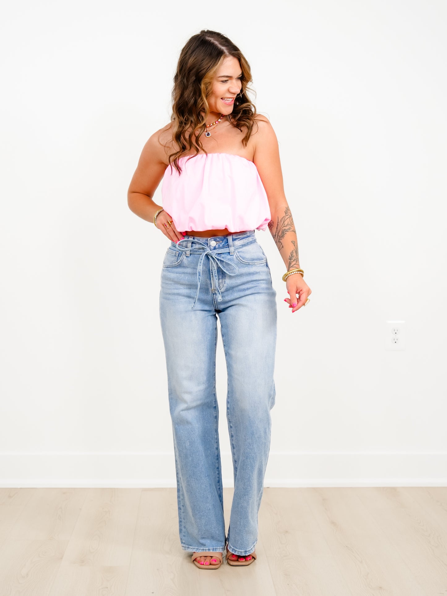 Risen High Rise Light Wash Wide Leg Jeans with Denim Tie Belt