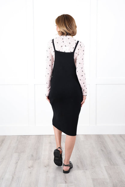 Black Sleeveless Square Neck Midi Knit Dress with Side Pockets