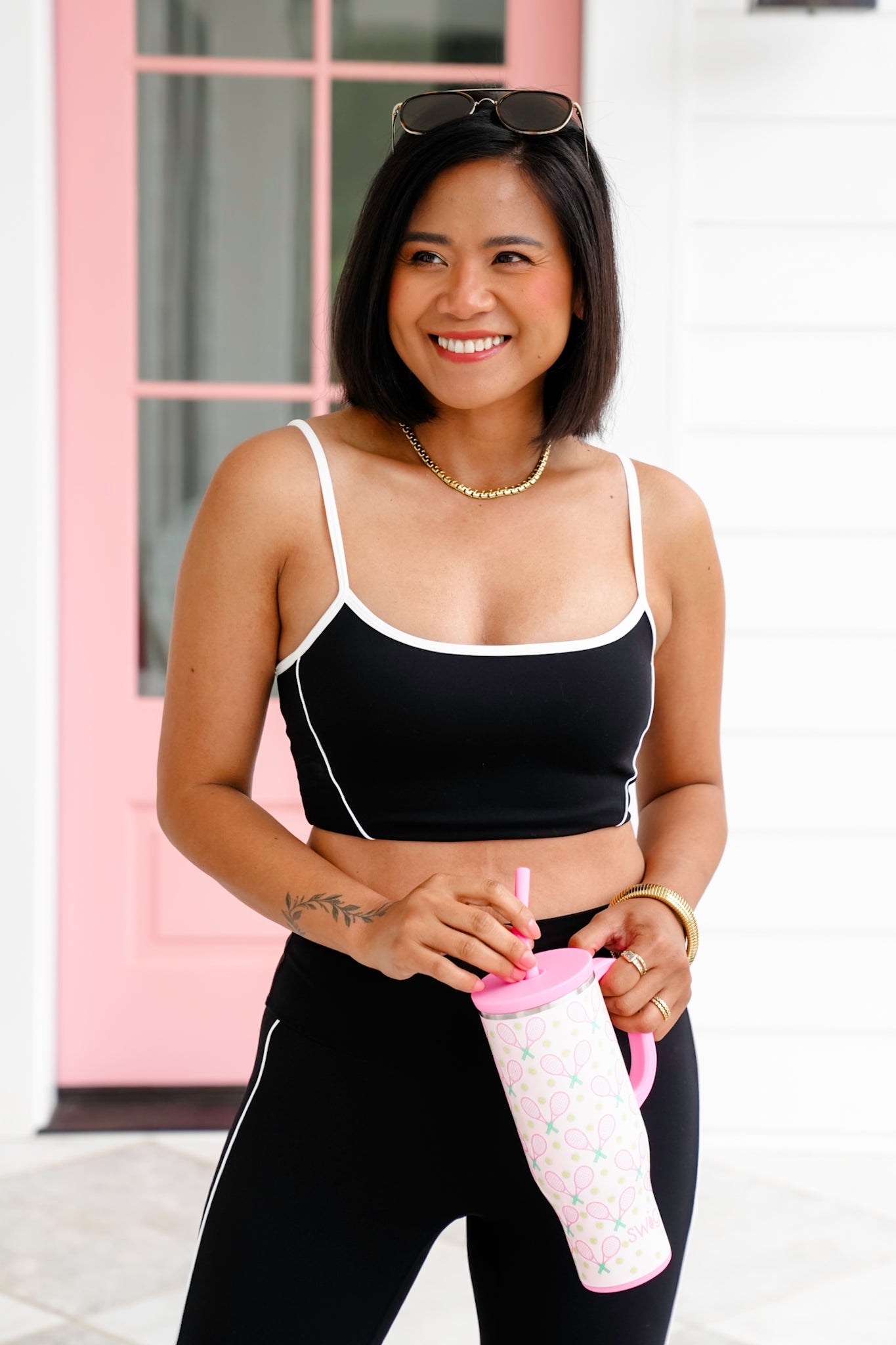 Black Cropped Tank Top and Leggings Set with Piping Detail