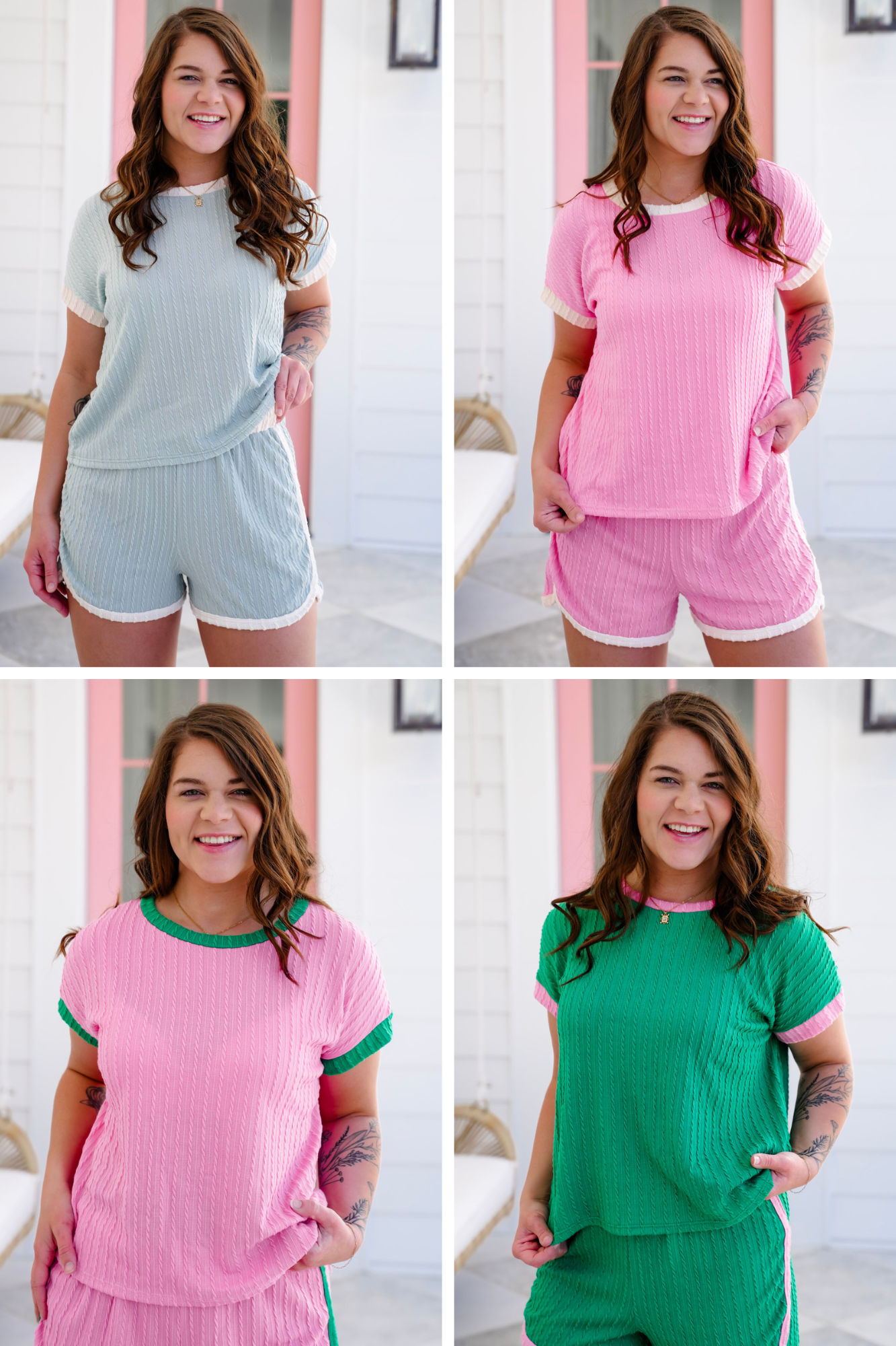 Plus/Reg Cable Knit Short Sleeve Top with Contrast Detail
