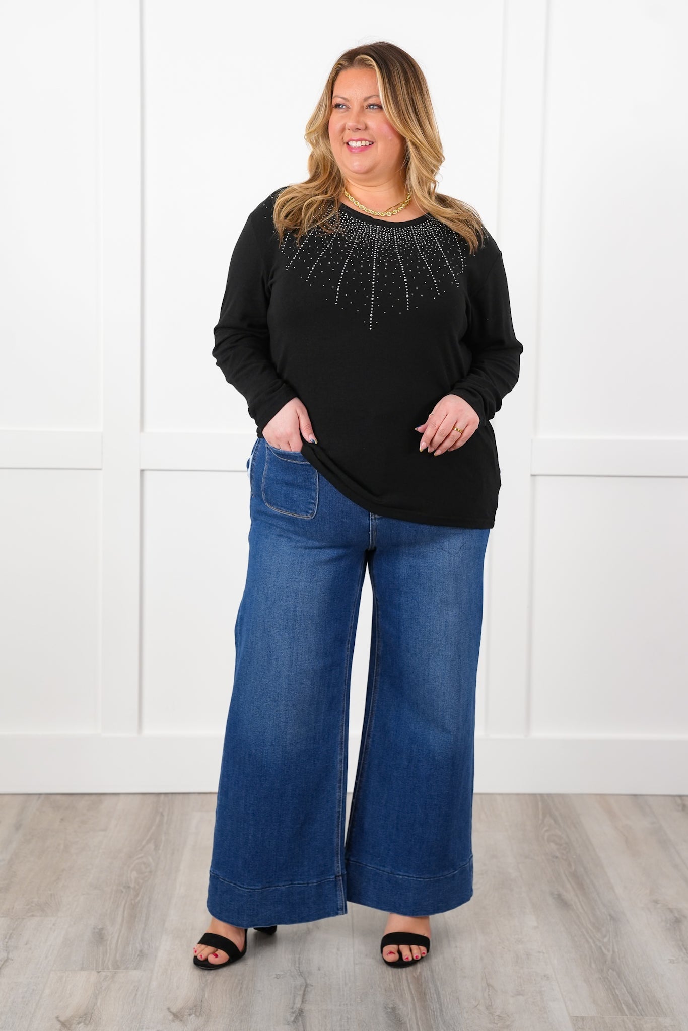 Black Long Sleeve Pullover Top with Rhinestone Detail