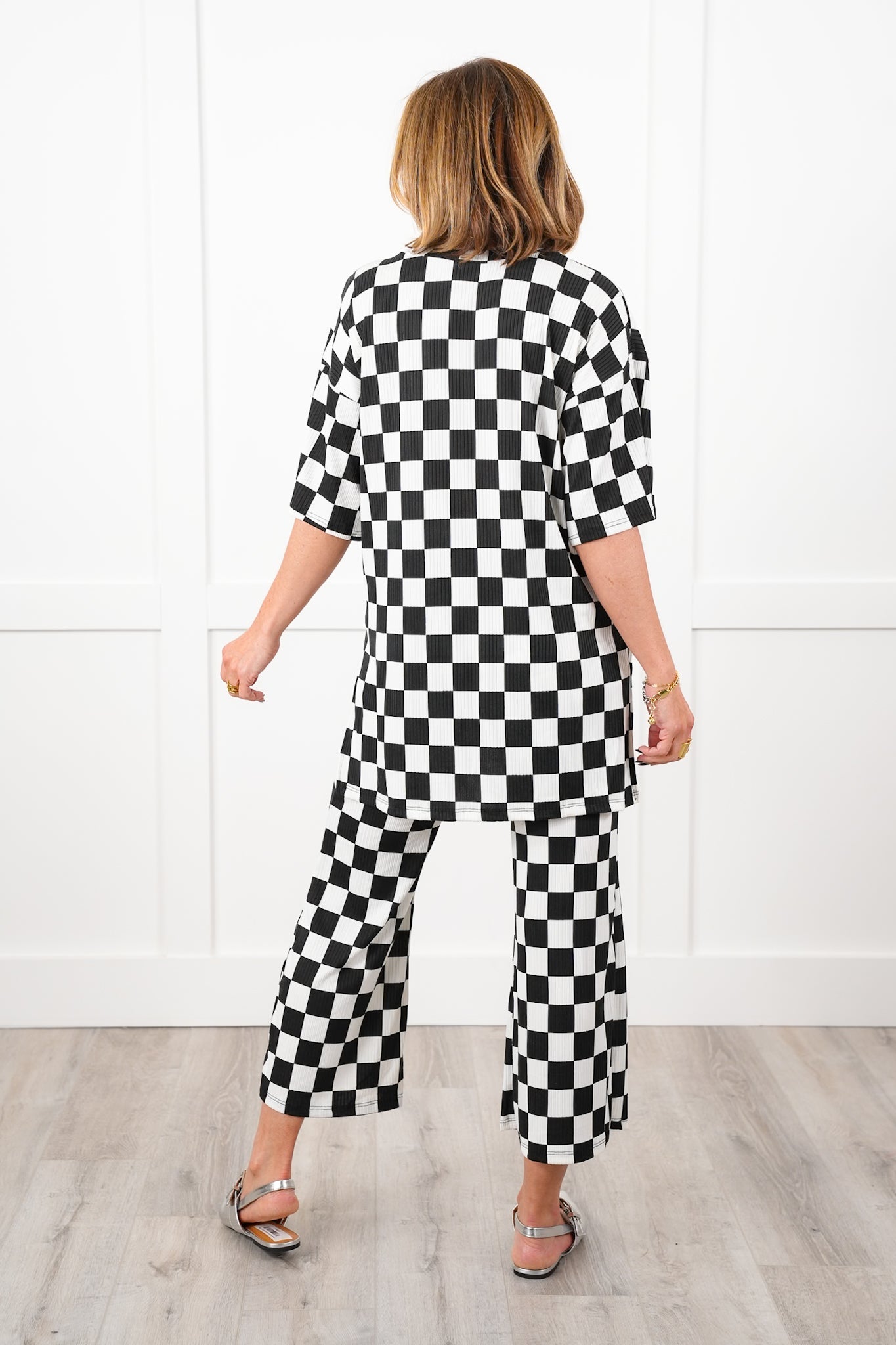 Plus/Reg Ribbed Checkered Short Sleeve Tunic Top and Pants Set