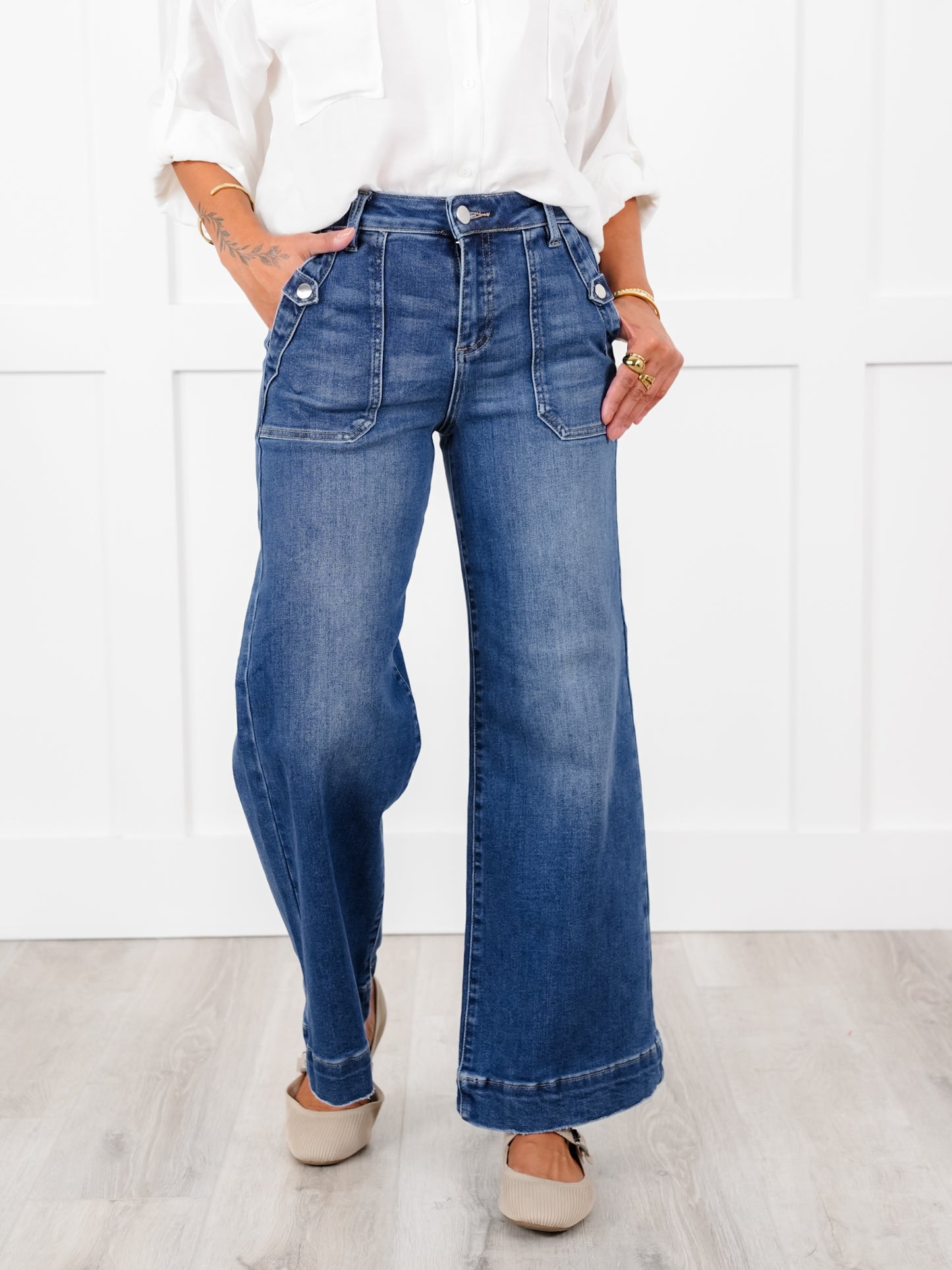 Risen High Rise Dark Wash Ankle Wide Leg Patch Front Pocket Jeans
