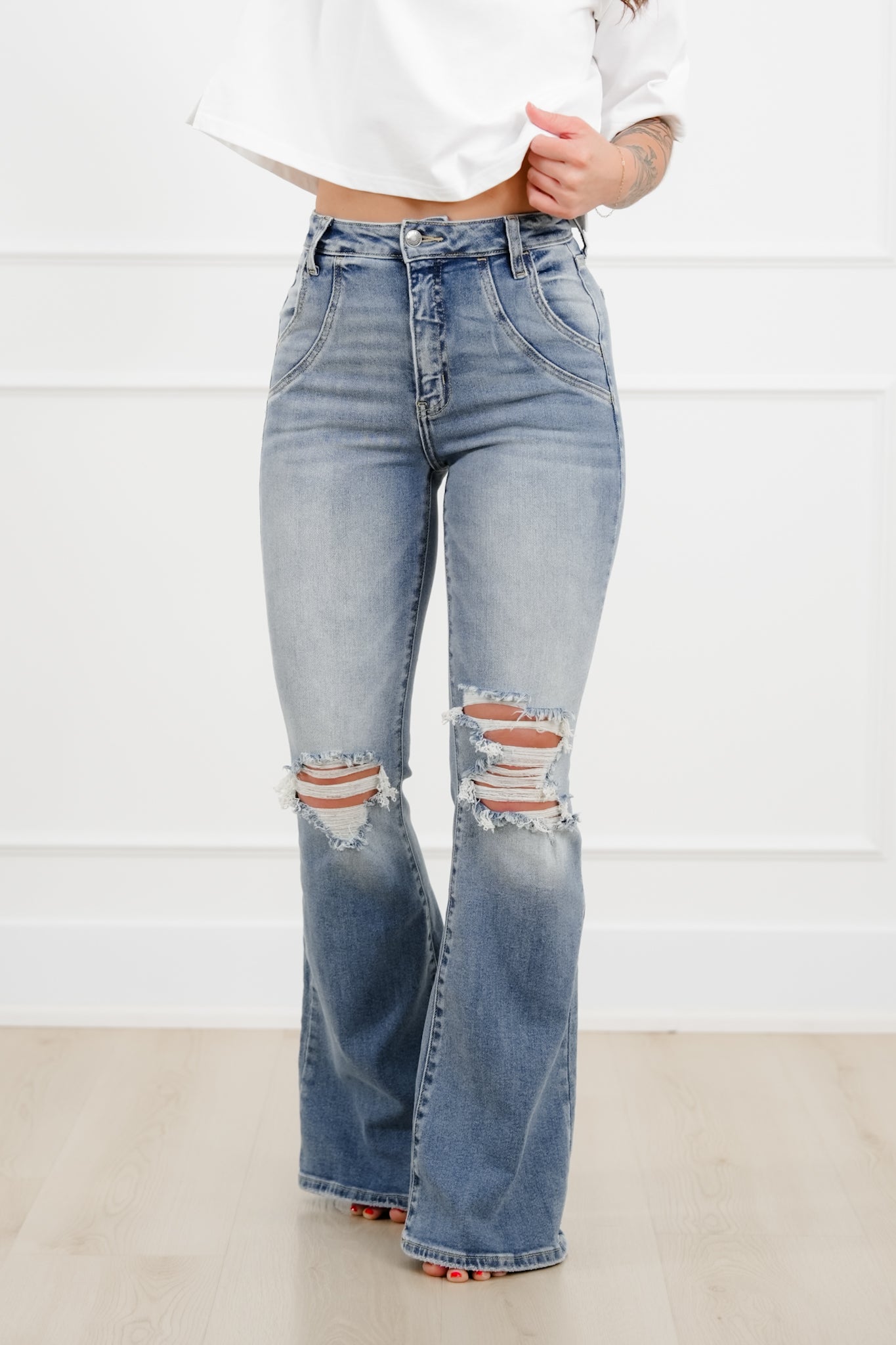 Restock! Cello High Rise Medium Wash Flare Jeans with Double Scoop Pocket Seam