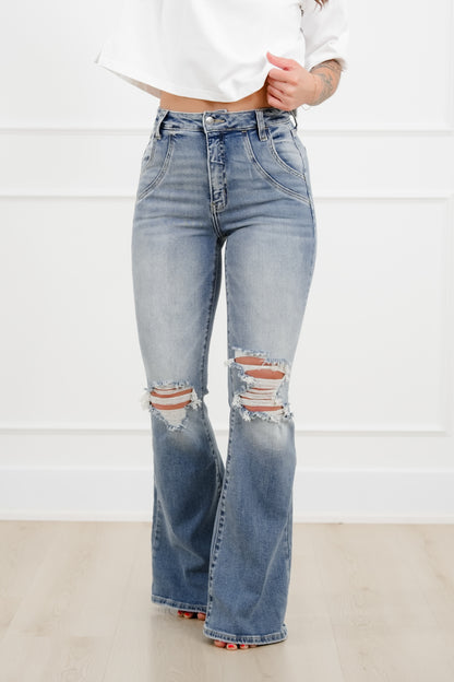 Restock! Cello High Rise Medium Wash Flare Jeans with Double Scoop Pocket Seam