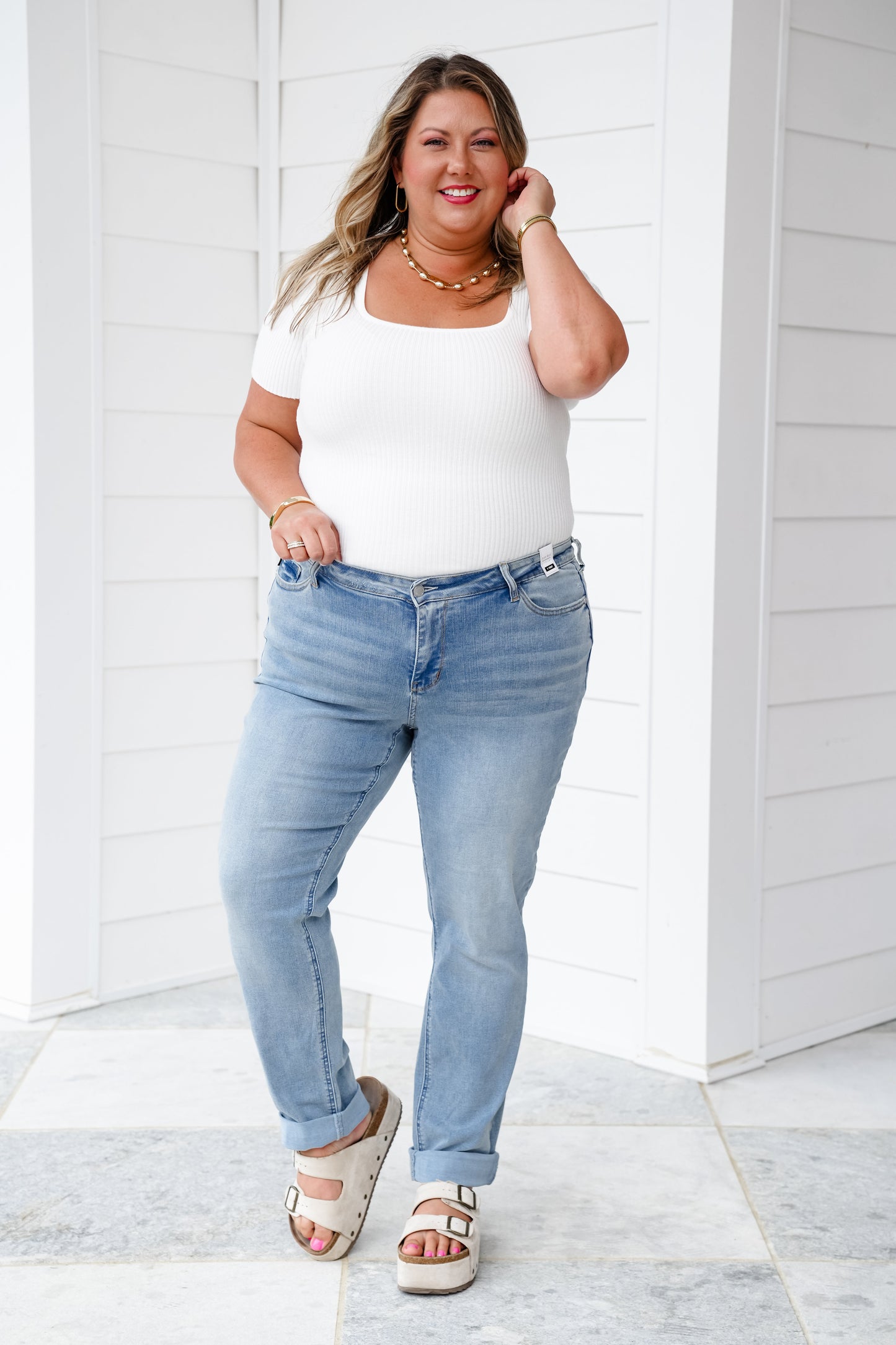 Judy Blue Riptide Mid Rise Medium Wash V Front Cuffed Boyfriend Jeans with Cool Denim