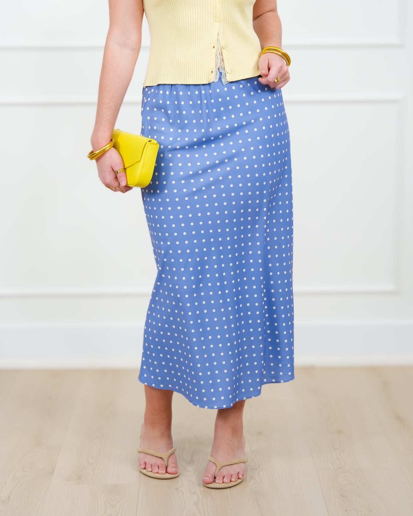 Satin Polka Dot Elastic Waist Midi Skirt