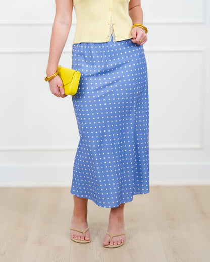Satin Polka Dot Elastic Waist Midi Skirt