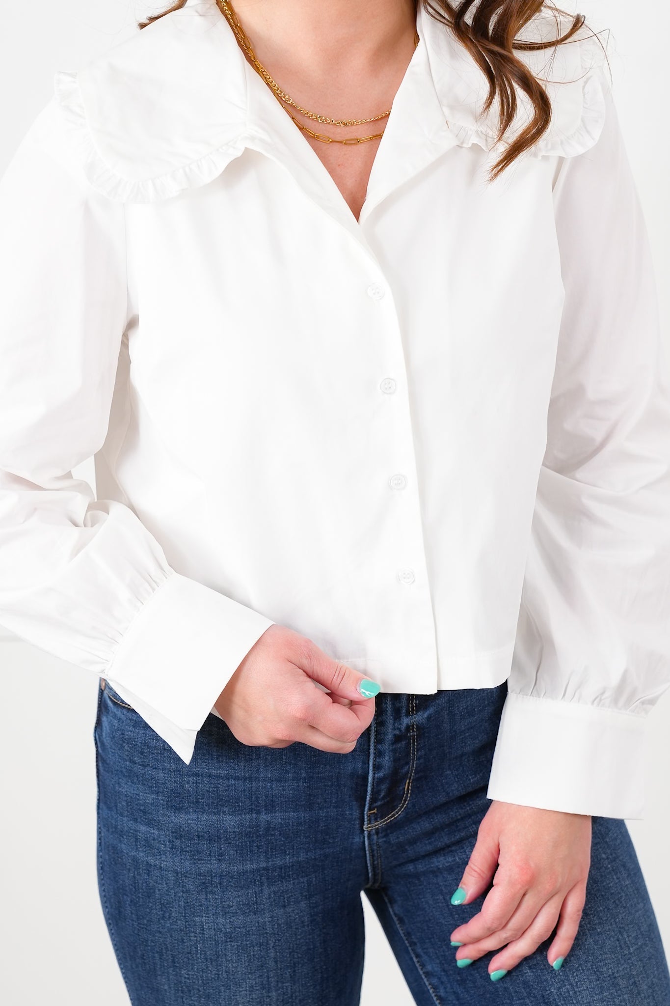 White Peter Pan Collar Long Sleeve Button Down Top