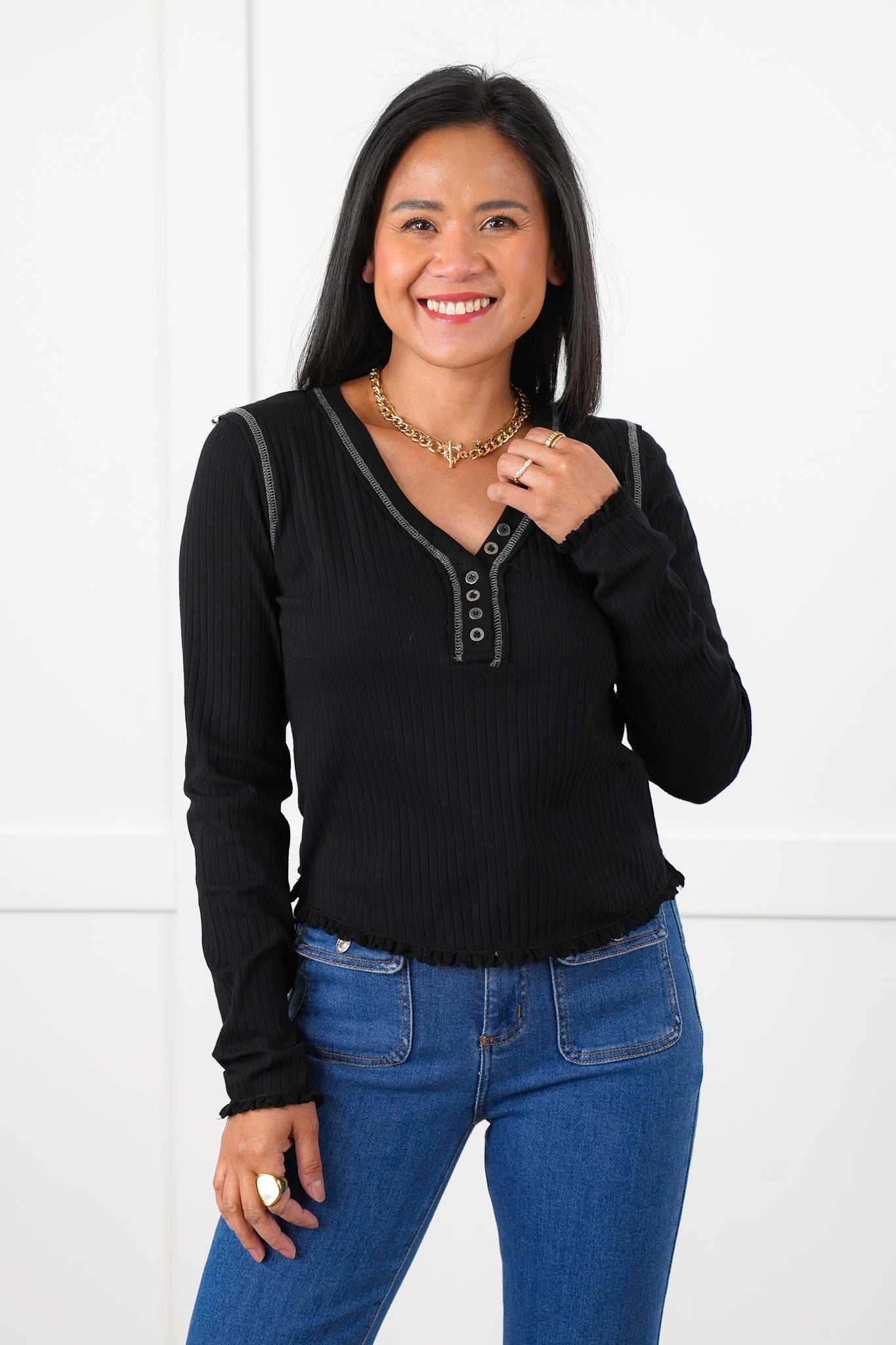 POL Black Ribbed Knit Long Sleeve Button Up Top with Seam Detail