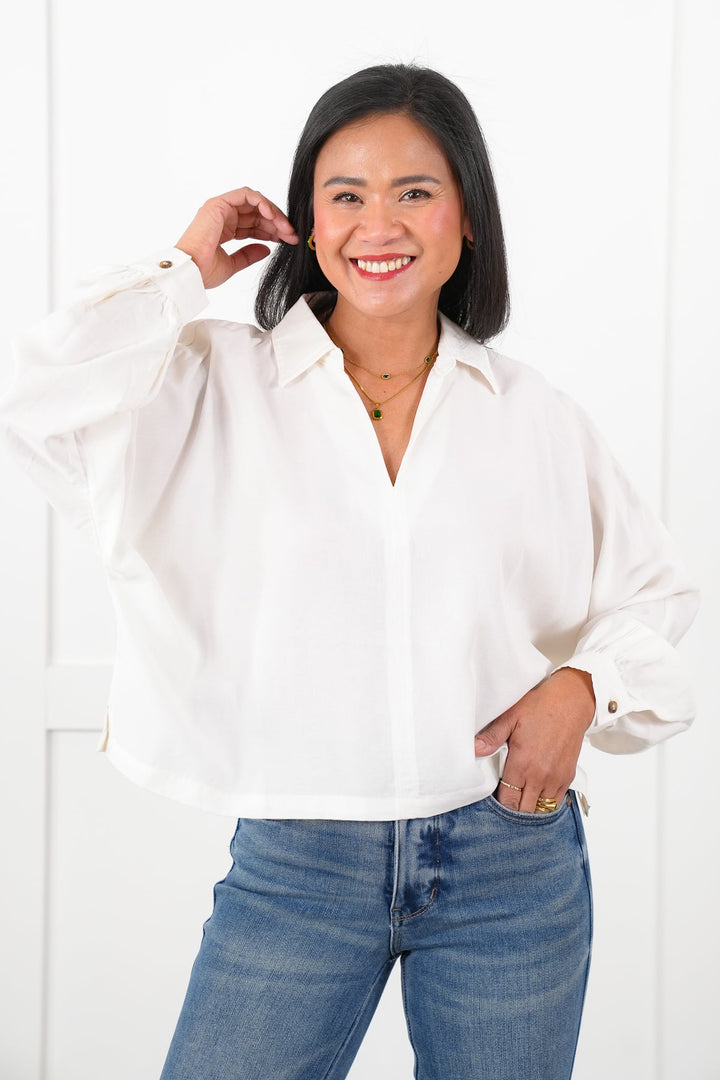 White Long Dolman Sleeve V Neck Short Blouse