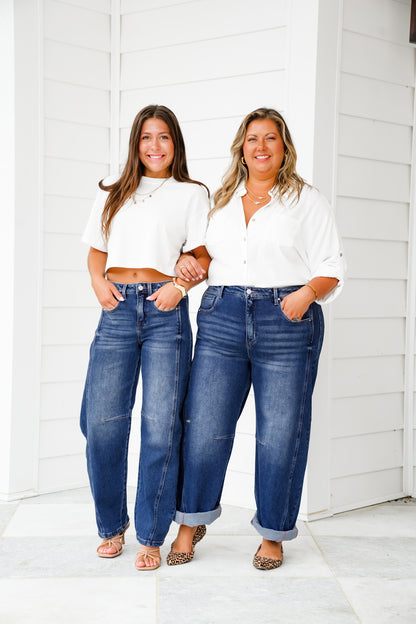 Risen High Rise Dark Wash Boyfriend Cuffed Barrel Jeans