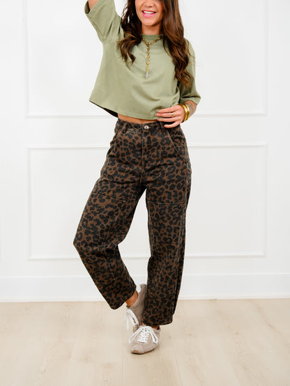 Leopard Print Twill Mid Rise Barrel Pants