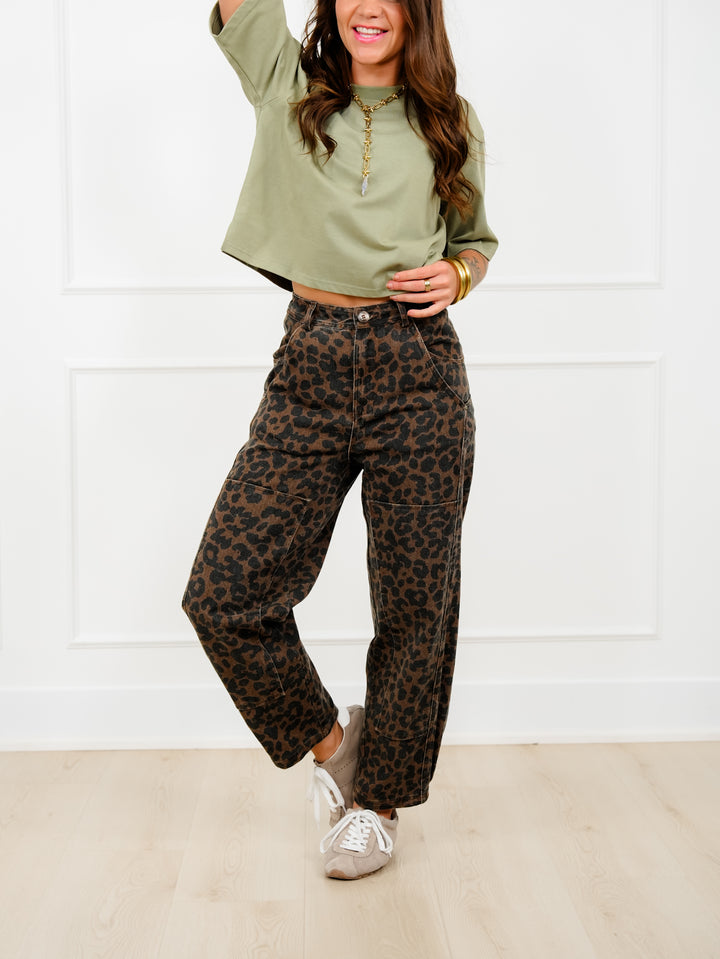 Leopard Print Twill Mid Rise Barrel Pants