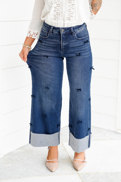 Risen High Rise Dark Wash Tummy Control Crop Wide Leg Jeans with Bows