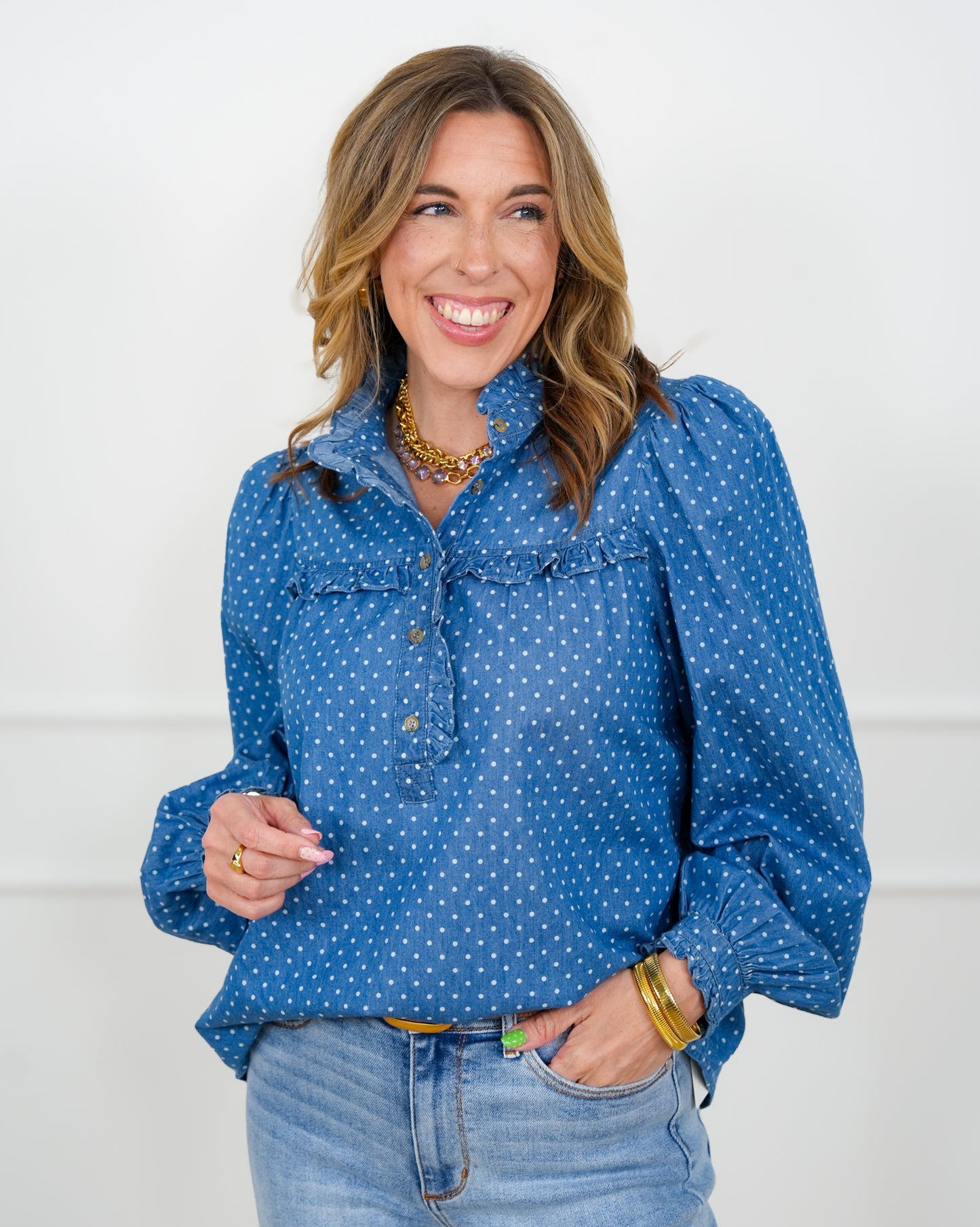 Polka Dot Dark Wash Long Sleeve Top
