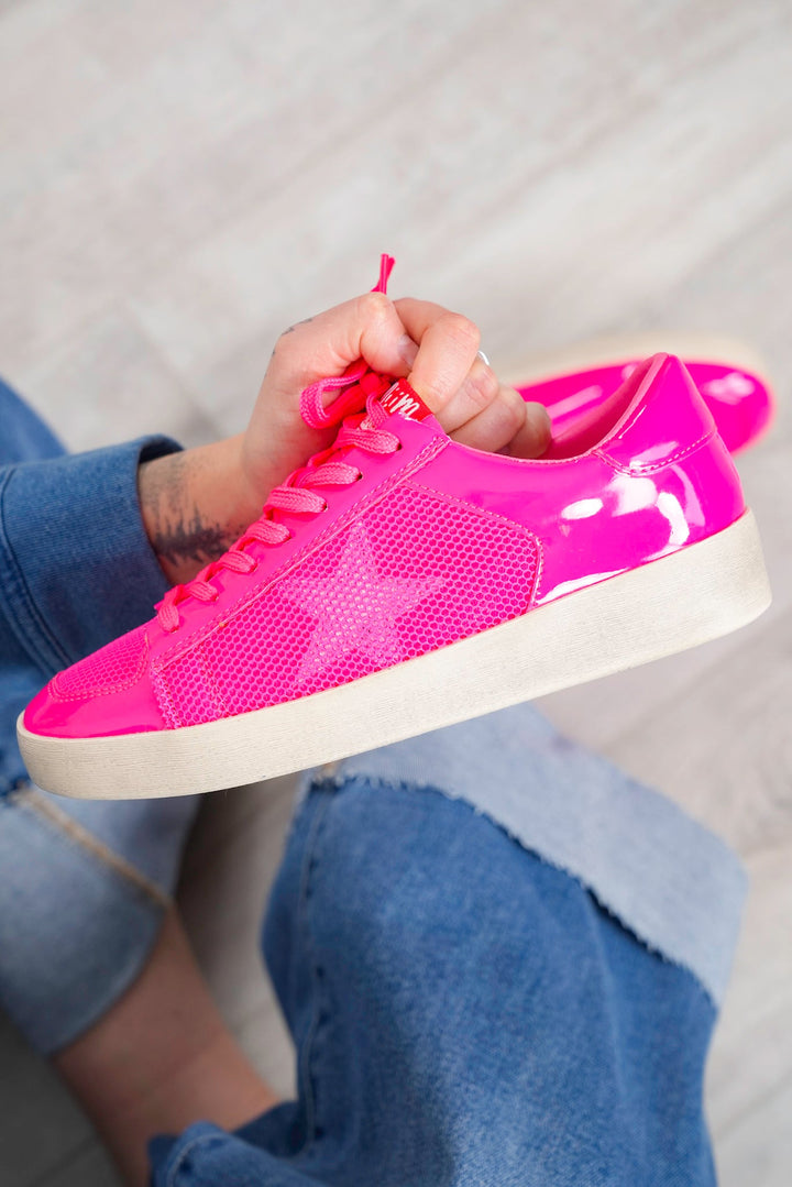 Patent Finish Low Top Sneaker with Mesh Panel Accents