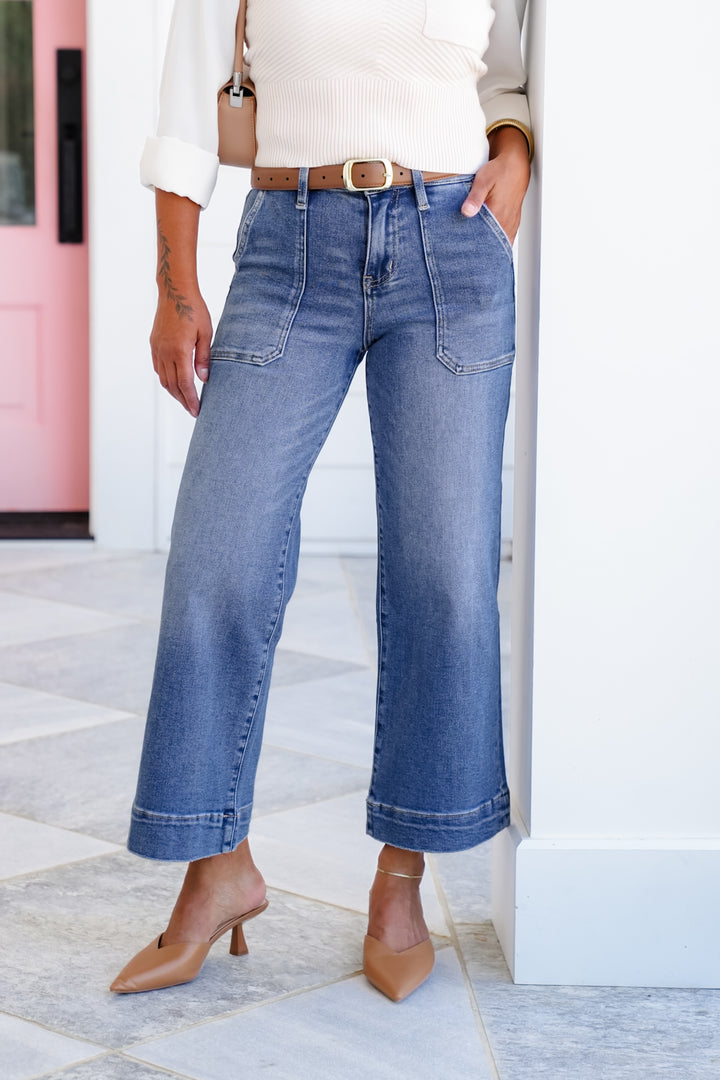 Lovervet High Rise Medium Wash Wide Leg Jeans with Utility Pocket