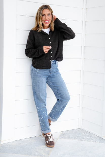 Judy Blue Mid Rise Medium Wash Distressed Bleach Splatter Cuffed Boyfriend Jeans