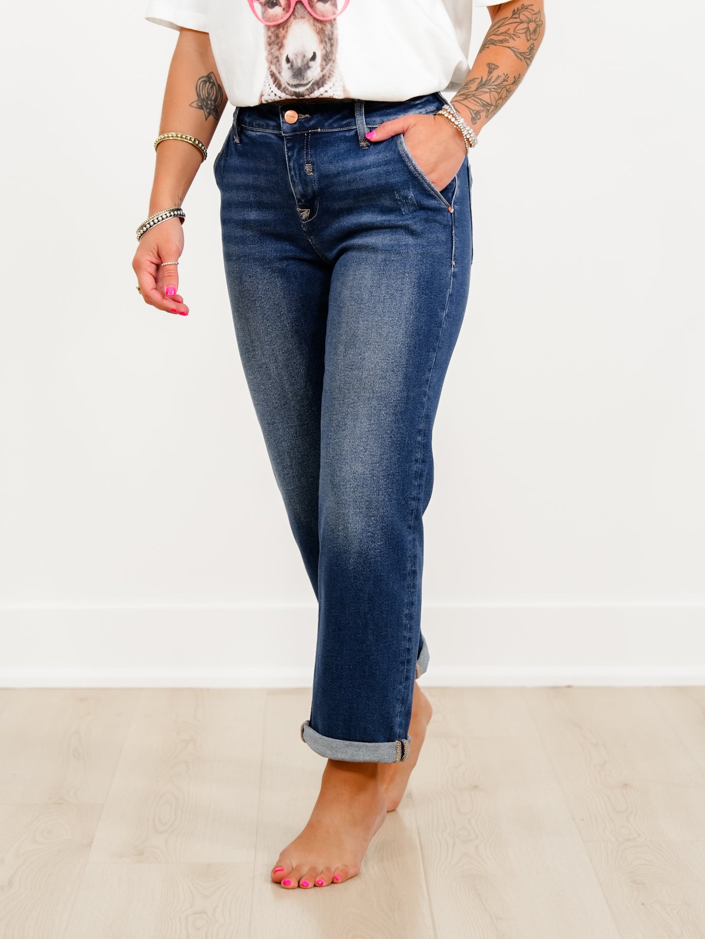 Risen Mid Rise Dark Wash Slouchy Cuffed Boyfriend Jeans