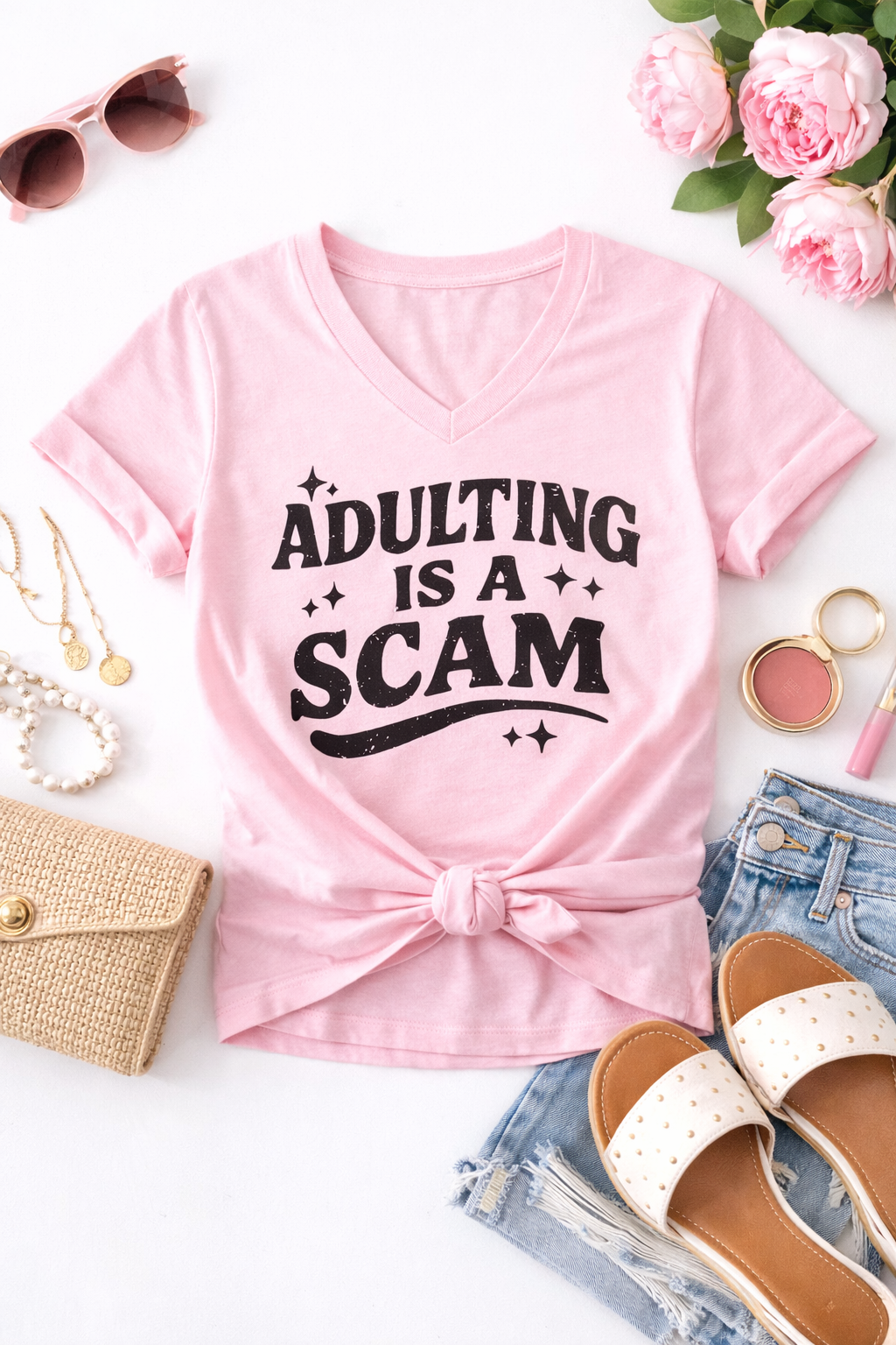 Plus/Reg Short Sleeve V Neck "Adulting is a Scam" Graphic Tee