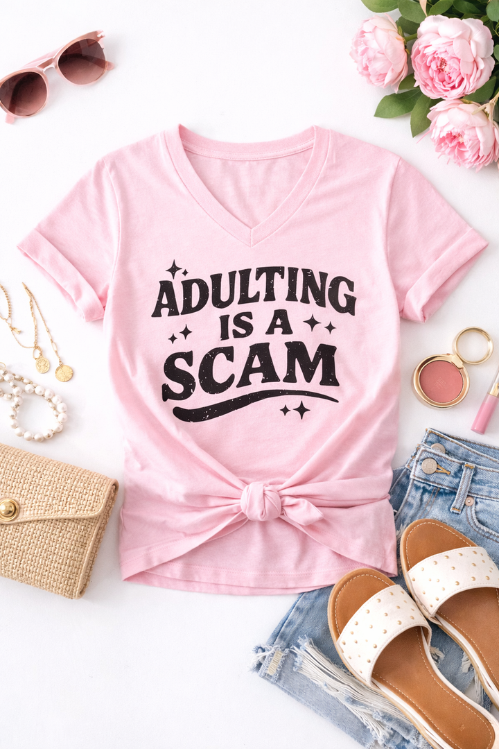 Plus/Reg Short Sleeve V Neck "Adulting is a Scam" Graphic Tee