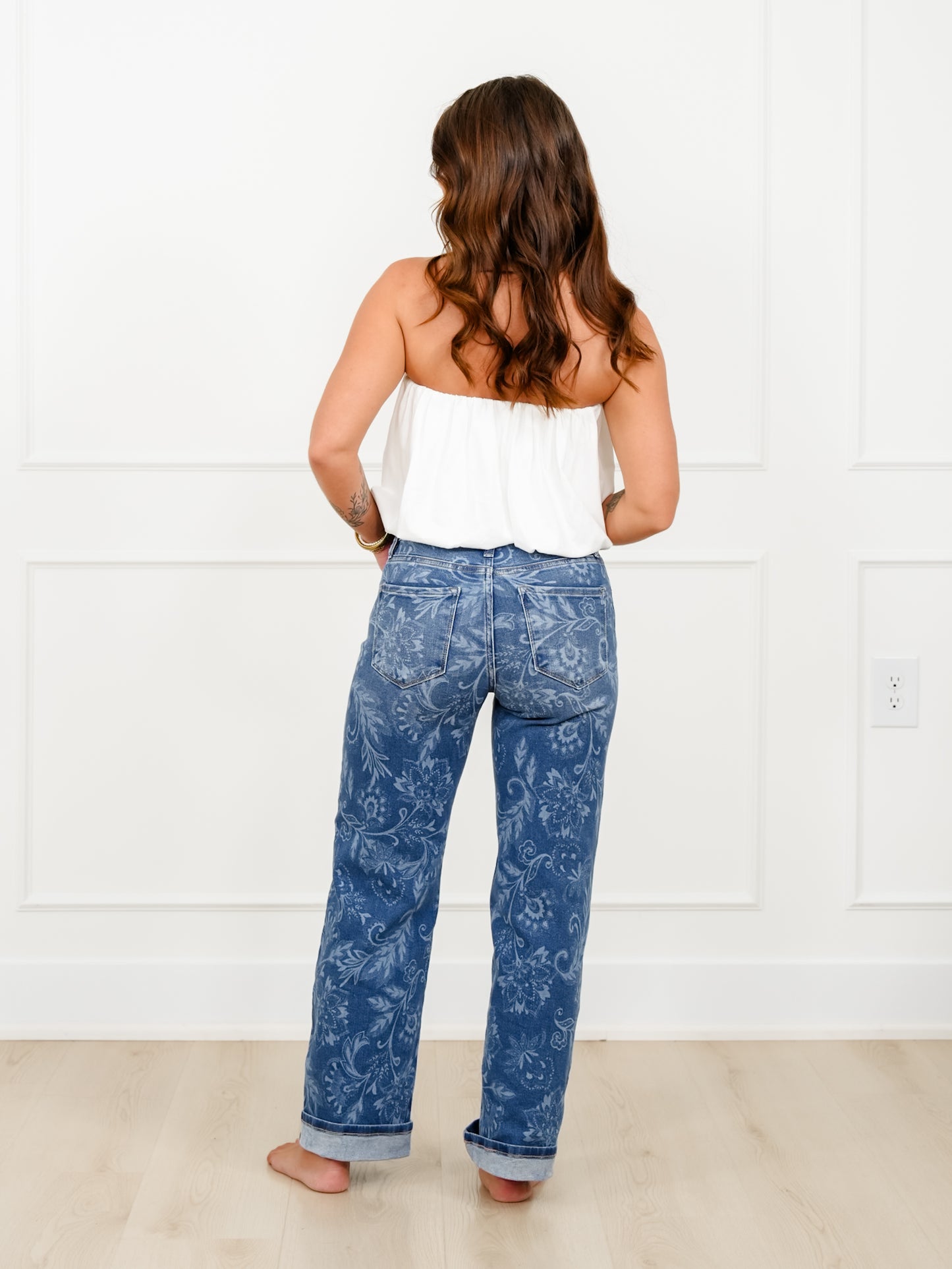 Risen Mid Rise Medium Wash Paisley Straight Leg Jeans
