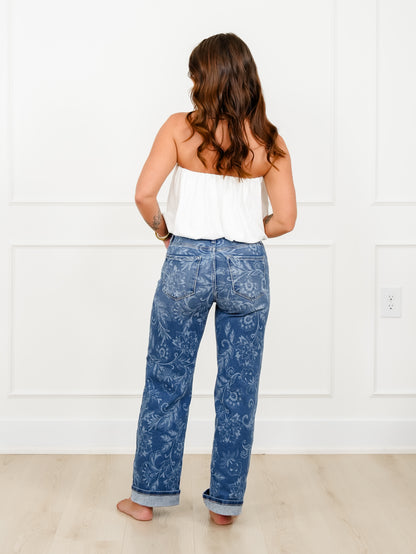 Risen Mid Rise Medium Wash Paisley Straight Leg Jeans