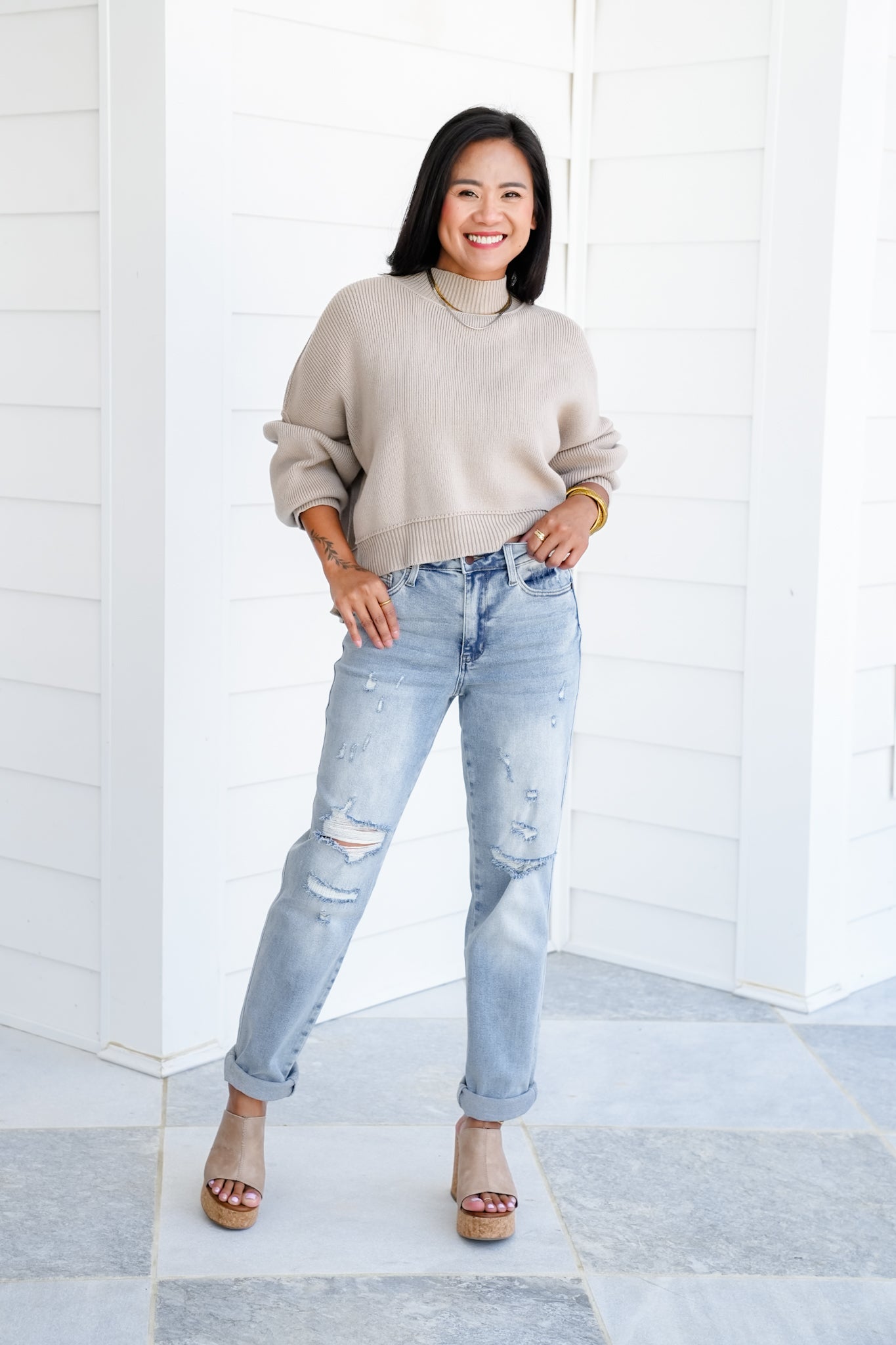 Judy Blue Mid Rise Light Wash Cuffed Boyfriend Jeans with Distressed Repair Stitch