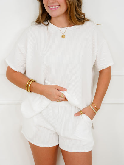 Ivory Urban Ribbed Short Sleeve Top and Shorts Set