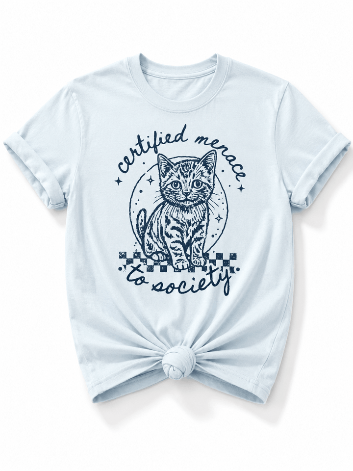 Plus/Reg Short Sleeve "Certified Menace to Society" Cat Graphic Tee - Freckled Poppy