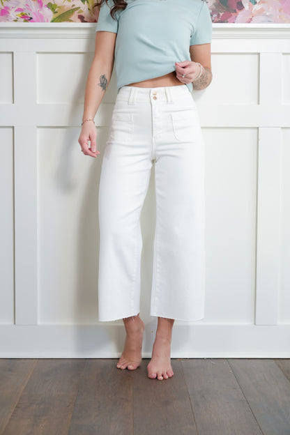 Judy Blue High Rise White Cropped Wide Leg Jeans with Patch Pockets
