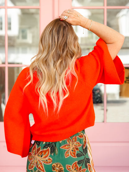 Wide 3/4 Sleeve Mock Neck Knit Sweater