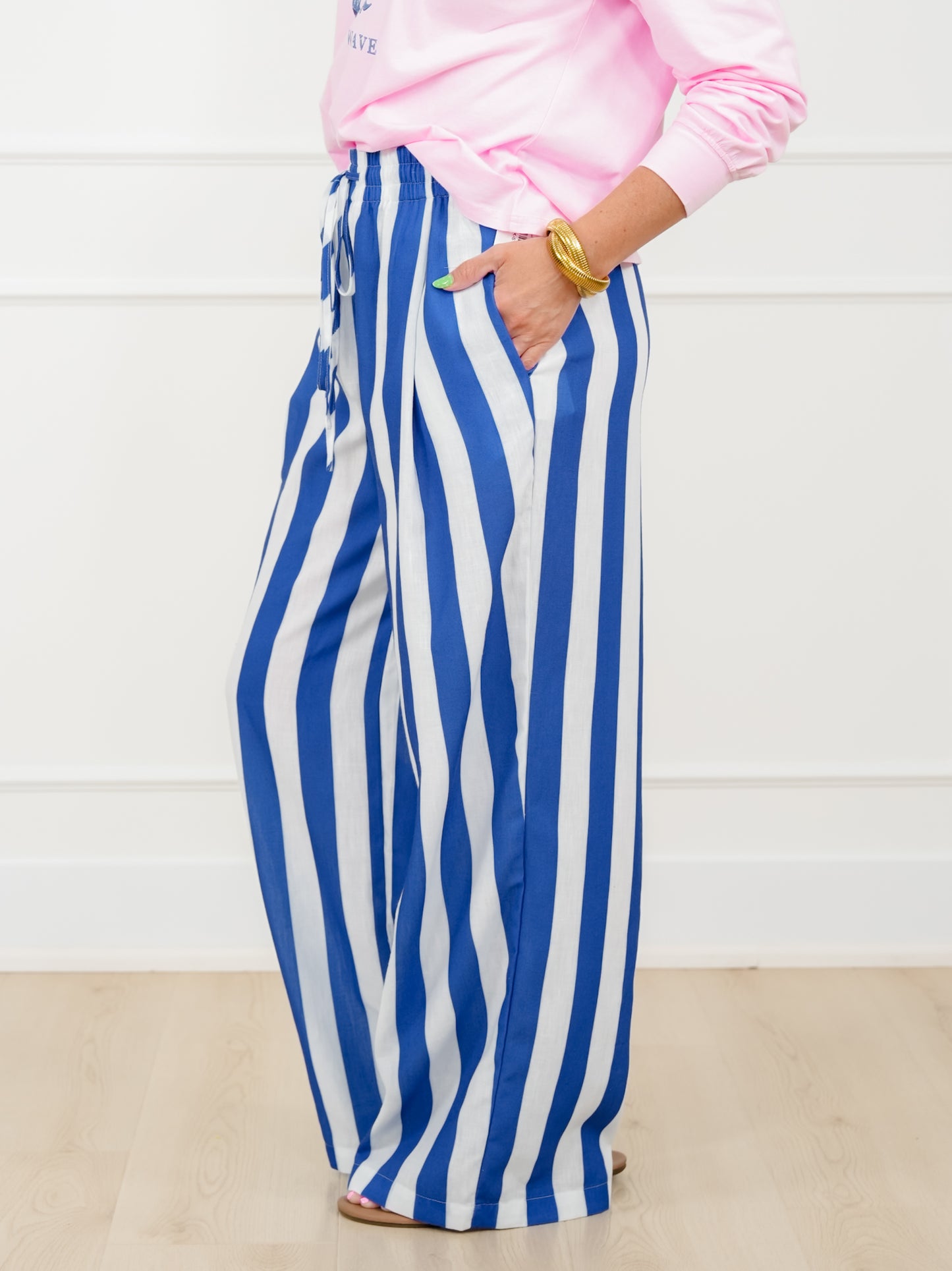 Stripe Elastic Waist Wide Leg Pants