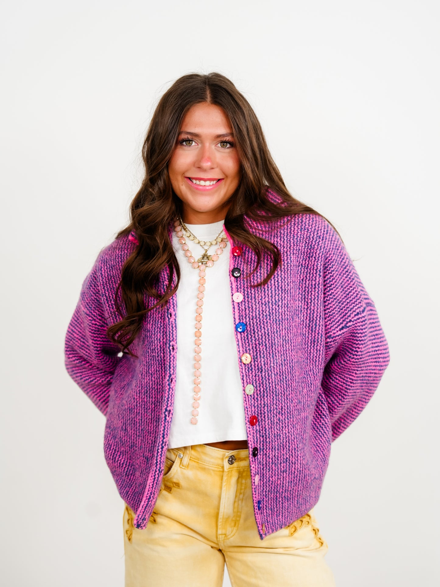 Striped Long Sleeve Mock Neck Sweater Cardigan With Colorful Buttons