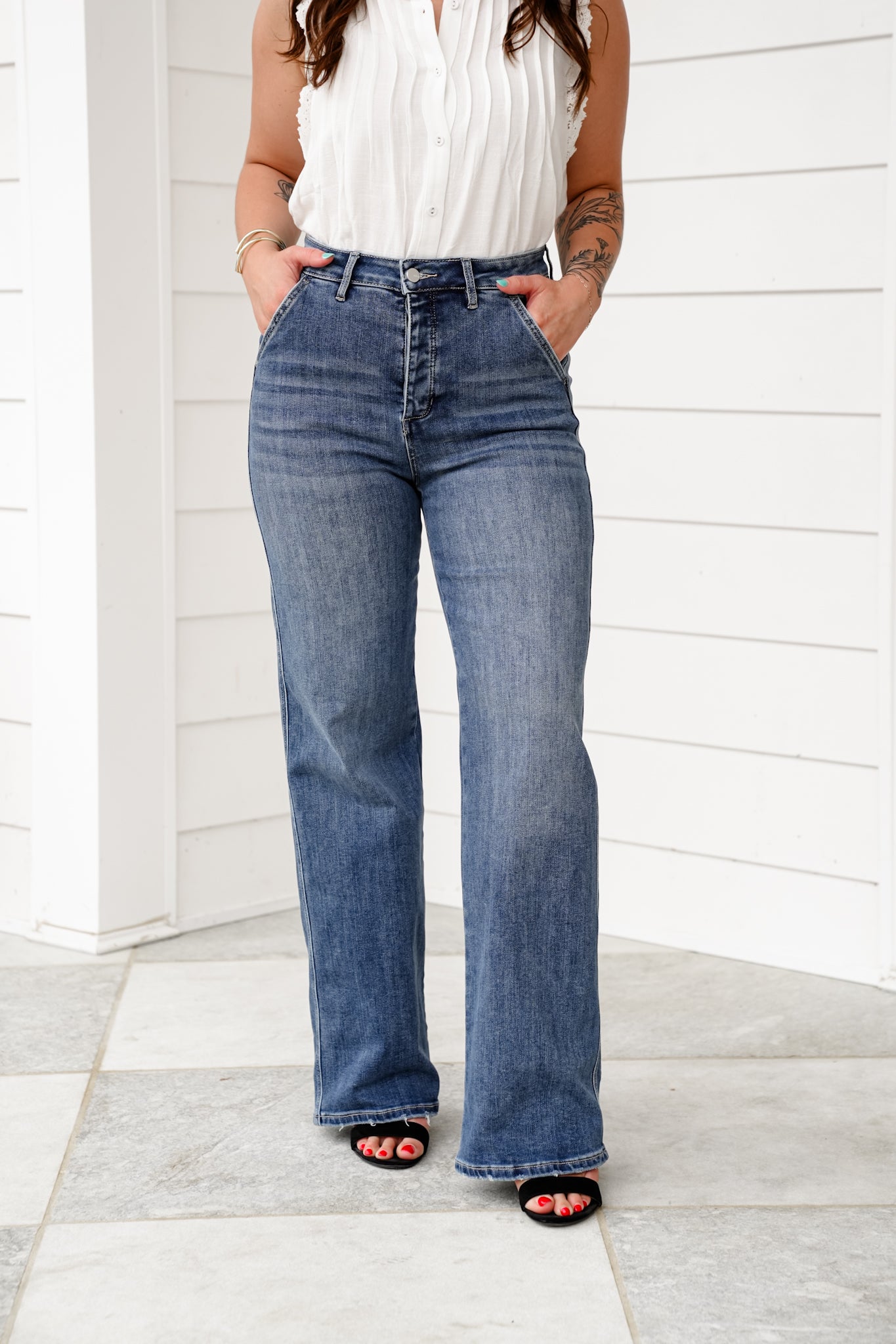 Mica High Rise Medium Wash Cuffed Wide Leg Jeans with Hidden Button Fly