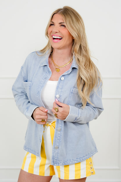 Light Wash Long Sleeve Button Down Shacket