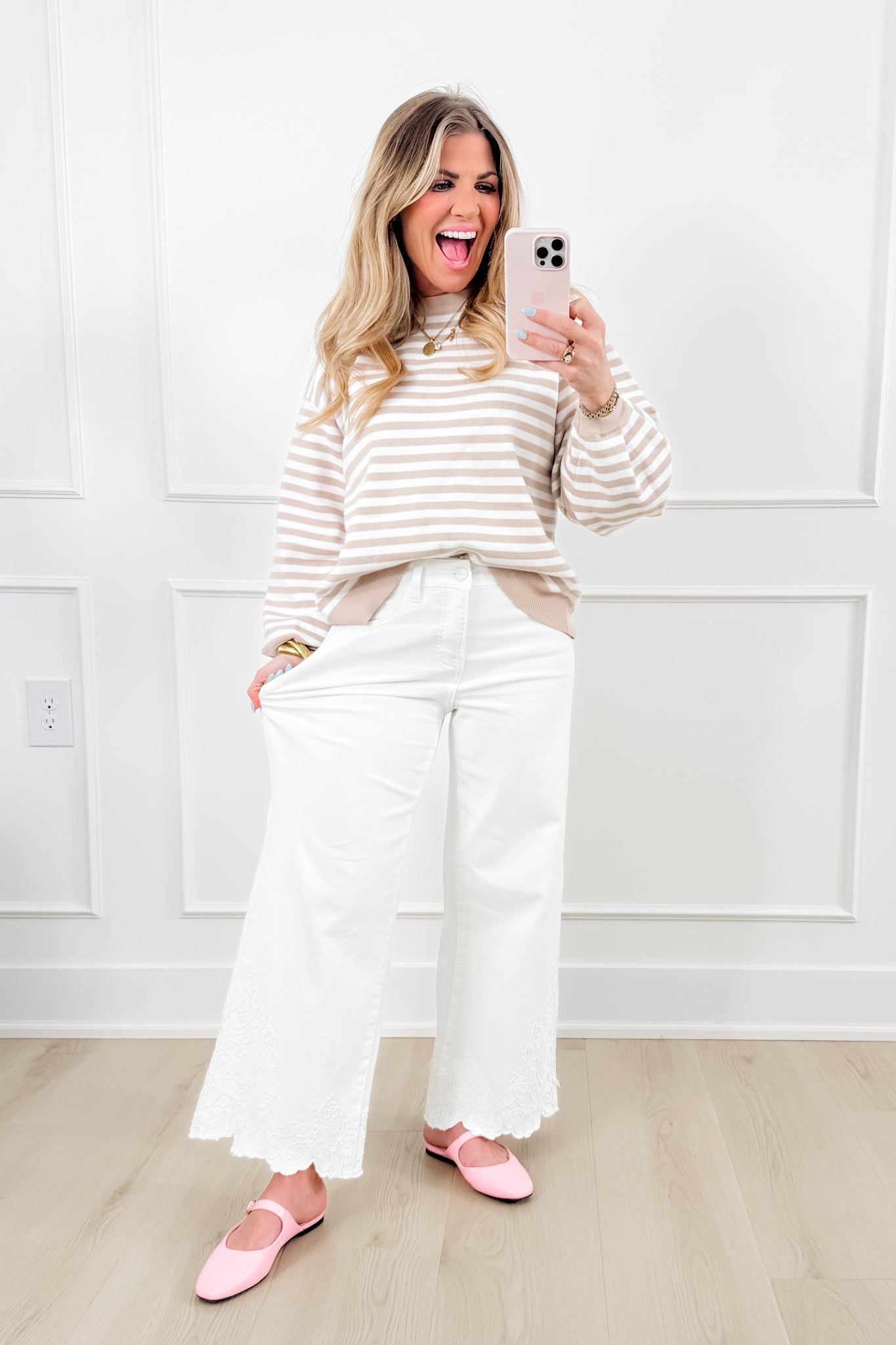 Risen High Rise Cream Wide Leg Embroidered Hem Jeans